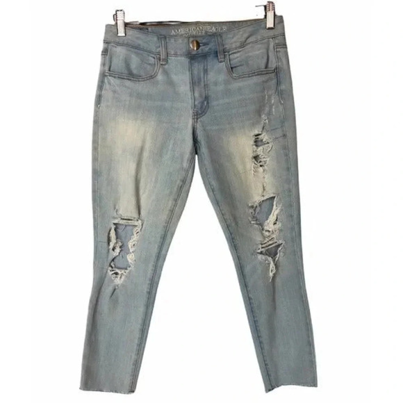 American Eagle AEO Light Blue Distressed Cropped Jegging Skinny Jeans 6 - Picture 1 of 5